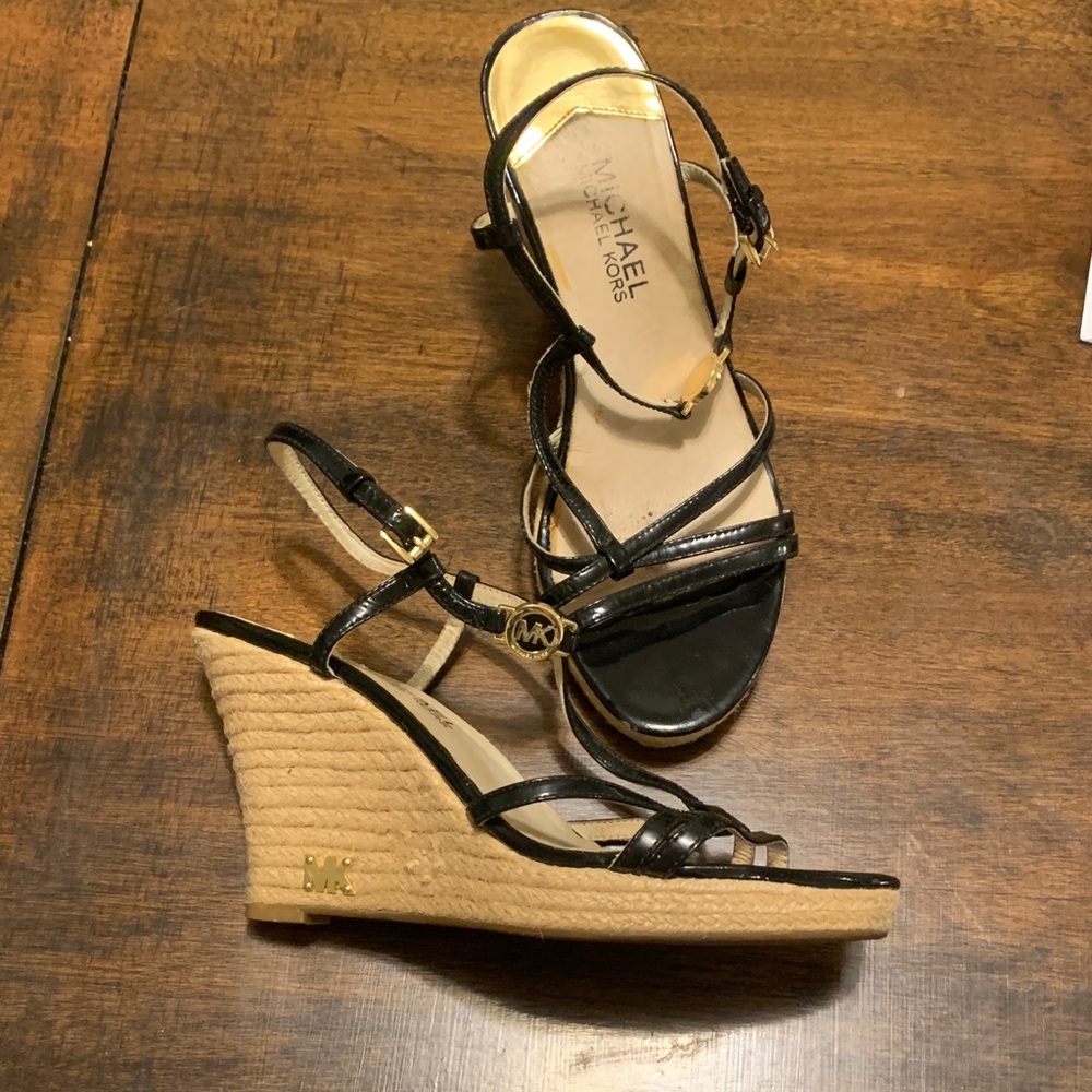 Michael Kors Black and Tan Wedge Sandals
